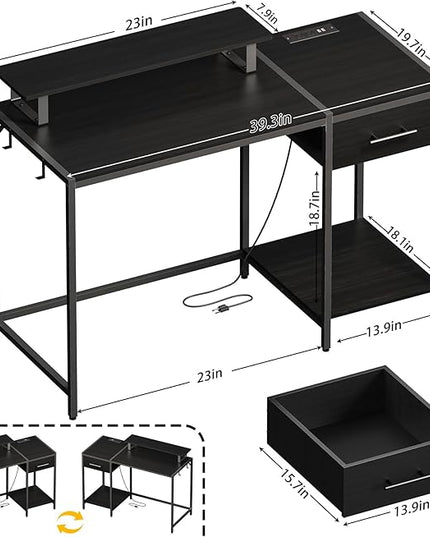 Gaming Desk with Led Lights & Power Outlets, 40 Small Gaming Computer Desk with Drawers, Reversible Gamer Desk with Monitor Stand,Work for Home Office,Writing Study Table for Bedroom,Black - LeafyLoom