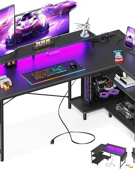 ODK 58 Inch Gaming Desk with USB Charging Ports and LED Lights, Reversible L Shaped Computer Desk with Storage Shelves & Monitor Stand, Corner Gamer Desk Table with Power Outlets, Carbon Fiber Black - LeafyLoom