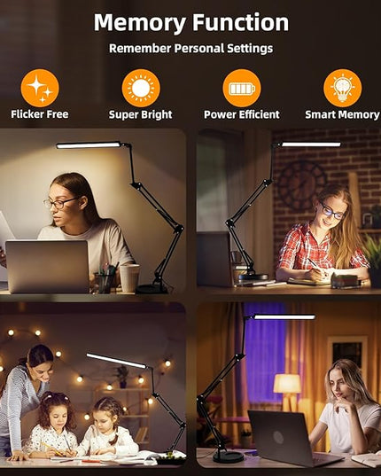 NOEVSBIG LED Desk Lamp with Clamp,2-in-1 Clamp on Desk Lamp with Base,50.7" Adjustable Swing Arm Architect Desk Lamp,Memory Function Desk Lights for Home Office,Workbench,Reading,Craft,Drafting - LeafyLoom
