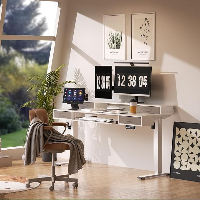 Electric Standing Desk, Multifunctional Standing Desk Adjustable Height, 55 * 24 Standing Desk with 4 Drawers, Ergonomic Adjustable Standing Desk with Keyboard Tray, Snow White - LeafyLoom