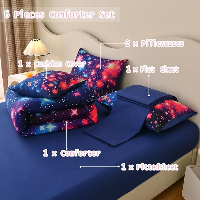 DORCAS Star Full Size Comforter Sets with Sheets for Girls Kids,6 Piece Starry Sky Bedding Set Full,All Season Down Bed in a Bag(Colorful,Full) - LeafyLoom