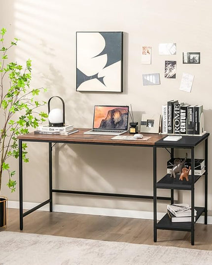 Multifunctional Computer Desk, Industrial Study Writing Desk w/Removable Storage Shelf, Heavy-Duty Metal Frame, 55 Inch Desk for Home Office, Gaming Room, Bedroom (Rustic Brown) - LeafyLoom