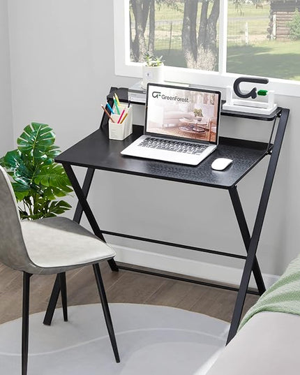 GreenForest Folding Desk No Assembly Required Small Size, 2-Tier Foldable Computer Desk with Shelf for Home Office, Space Saving Portable Laptop Study Foldable Table for Small Spaces, Black - LeafyLoom