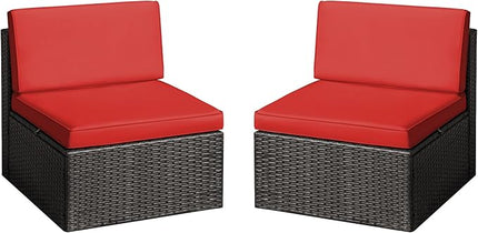 Greesum 2 Piece Patio Conversation Set Wicker Rattan Furniture Outdoor Sofa with Cushions,Pillows and Glass Table for Porch,Lawn and Yard, Red - LeafyLoom