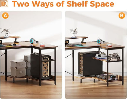 ODK 40 Inch Gaming Desk with USB Charging Ports and LED Lights, Reversible L Shaped Computer Desk with Storage Shelves & Monitor Stand, Corner Home Office Desk Table with Power Outlets, Vintage - LeafyLoom