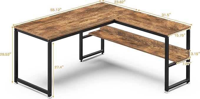 L Shaped Desk, Office Computer Corner Desk, 55 inch Home Gaming Desk Table, Writing Study Workstation with Storage Shelves for Home Office, Space-Saving, Industrial, Rustic Brown - LeafyLoom