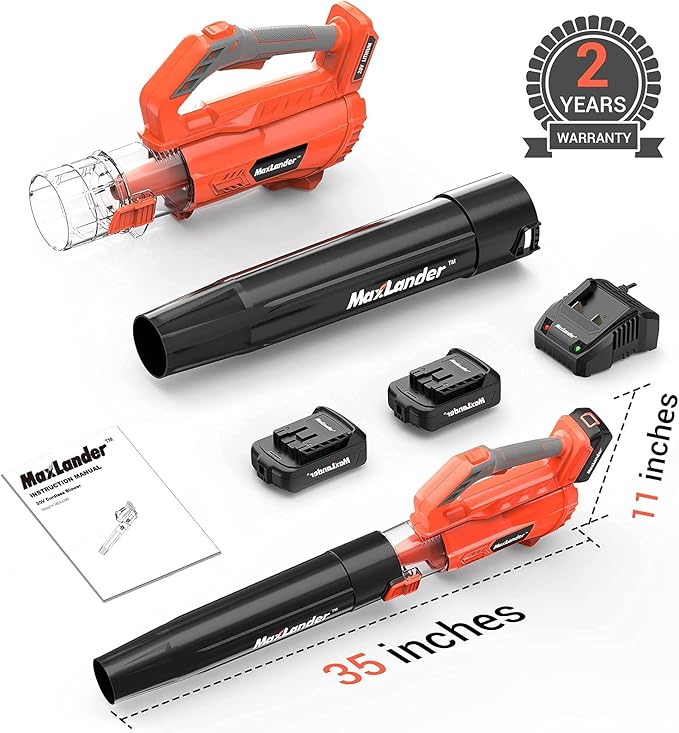 MAXLANDER Leaf Blower Cordless - 20V Electric Cordless Leaf Blower with 2 Batteries and Charger, 2.0Ah Battery Powered Leaf Blowers with 2 Speed Mode for Lawn Care, Blowing Leaves - LeafyLoom