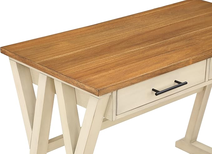 OSP Home Furnishings Jericho Rustic 42 Inch Writing Desk with 2 Drawers and Burnished Decorative Hardware, Antique White - LeafyLoom