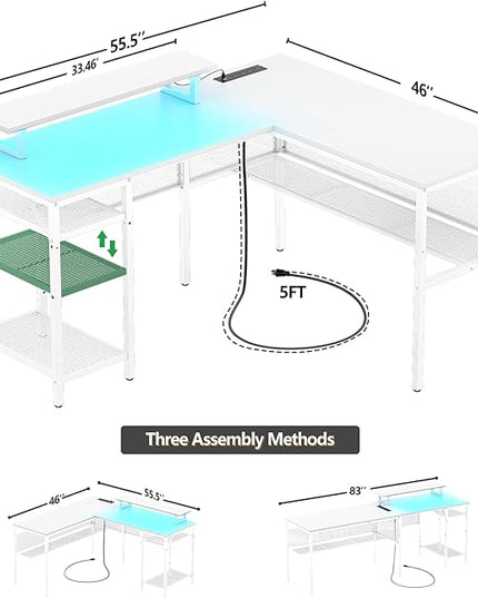L Shaped Desk, 55 Inch Reversible Computer Desk with Magic Power Outlet and Cool LED Light, Sturdy Corner Office Desk with Ergonomic Monitor Stand, Gaming Table, Attractive Grid Design, White - LeafyLoom