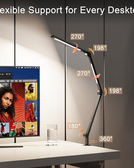 LED Desk Lamp with Clamp, Adjustable Swing Arm, Dual Light Sources, Stepless Dimming, Modern Table Light for Home Office, Work, Study, Flexible, Eye-Caring Clip-on Desk Light - LeafyLoom