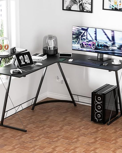 MoNiBloom L Shaped Gaming Desk Computer Corner Table with Metal Frame, L Desk Workstation for Home Office, Space-Saving, Black - LeafyLoom