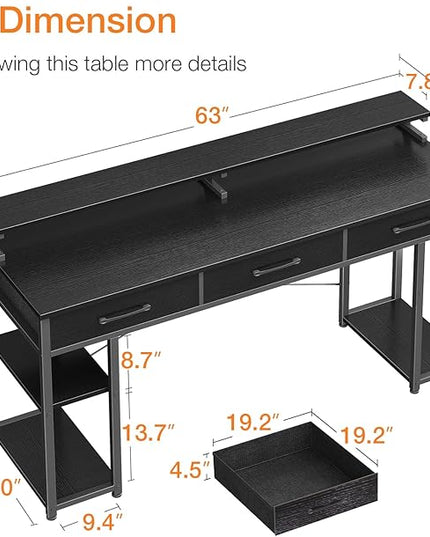 ODK Computer Desk with Drawers and Storage Shelves, 63 inch Home Office desk with Monitor Stand, Modern Work Study writing table Desk for Small Spaces, Black - LeafyLoom