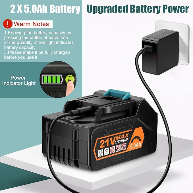 Leaf Blower - 320CFM 180MPH 21V Leaf Blower Cordless with 2 X 5.0 Ah Battery & Charger, Electric Leaf Blower Battery Powered Leaf Blower Lightweight for Snow Blowing & Lawn Care Yard Cleaning - LeafyLoom