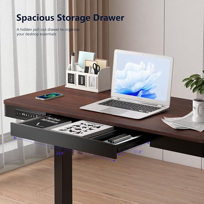 Standing Desk with Drawer and Wireless Charging,48x24 inch Dual Motor Electric Standing Desk,Stand Up Desk with Whole-Piece Desktop(Black Oval Legs+Rustic Brown Top) - LeafyLoom