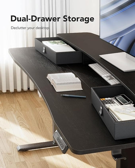 HUANUO 48″ x 24″ Electric Standing Desk with 2 Drawers, C-Clamp Mount Compatible, Height Adjustable Computer Desk, Home Office Stand Up Desk with 4 Preset Heights & 2 Hooks, Black - LeafyLoom