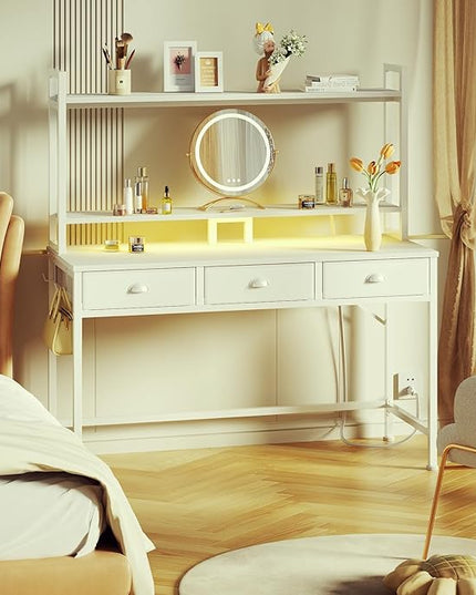 Furologee White Gaming Desk with Power Outlet and LED Light, 47" Computer Desk with 3 Fabric Drawers, Home Office Desk with Monitor Stand and Hutch for Small Space Working, Study Table with Shelf - LeafyLoom