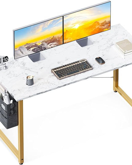 ODK Computer Desk Large Office Desk, 48 Inch Writing Desk with Storage, Modern PC Desk Work Table with Headphone Hook for Home Office, White Marble + Gold Leg - LeafyLoom