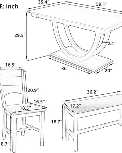6-Piece Wood Rectangular Dining Table Set with Half Round Legs, 4 Upholstered Chairs and Bench, for Kitchen Living Room, Modern Style, Natural+Beige, 59.1" L x 35.4" W x 29.5" H - LeafyLoom