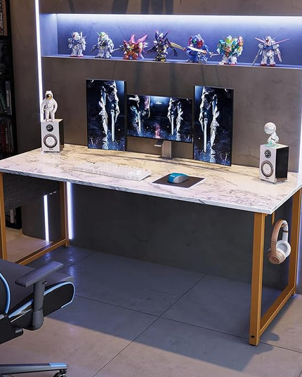 ODK Computer Desk Large Office Desk, 63 Inch Writing Desk with Storage, Modern PC Desk Work Table with Headphone Hook for Home Office, White Marble + Gold Leg - LeafyLoom