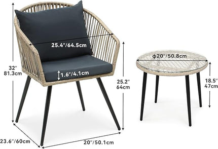 YITAHOME 3-Piece Outdoor Patio Furniture Wicker Bistro Set, All-Weather Rattan Conversation Chairs for Backyard, Balcony and Deck with Soft Cushions, Glass Side Table, Gray Rattan - LeafyLoom