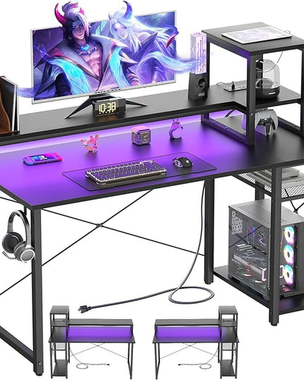 Gaming Desk with Lights & Power Outlets, 39.4' Computer Desk with Shelves, Small Desk for Small Space, Writing Desk with Monitor Stand, Black - LeafyLoom