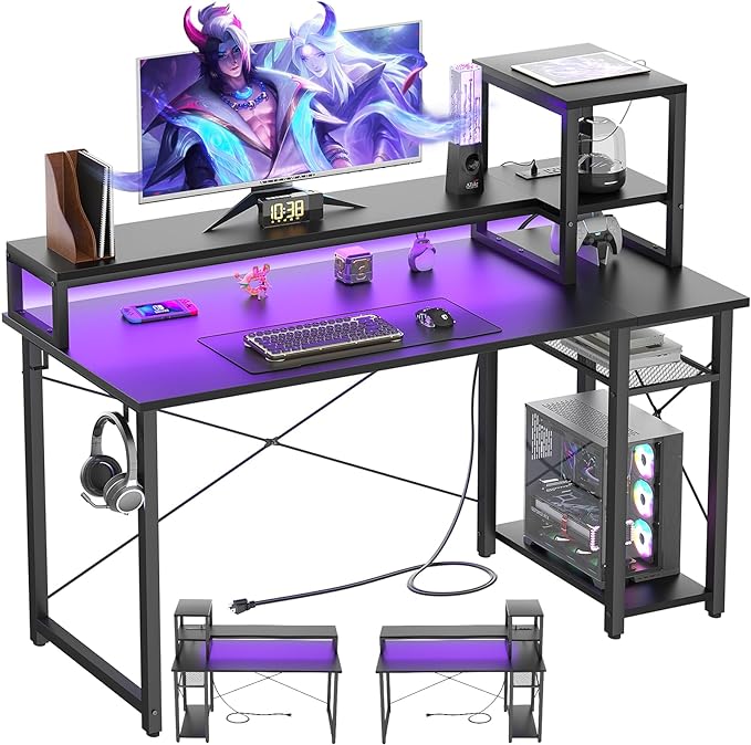Gaming Desk with Lights & Power Outlets, 39.4' Computer Desk with Shelves, Small Desk for Small Space, Writing Desk with Monitor Stand, Black - LeafyLoom