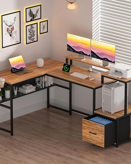 GreenForest 69 inch L Shaped Computer Desk with Drawers and Printer Stand, Gaming Desk with Power Outlet, Monitor Shelf, Storage Shelves and Hooks for Home Office Working, Writing, Studying, Walnut - LeafyLoom