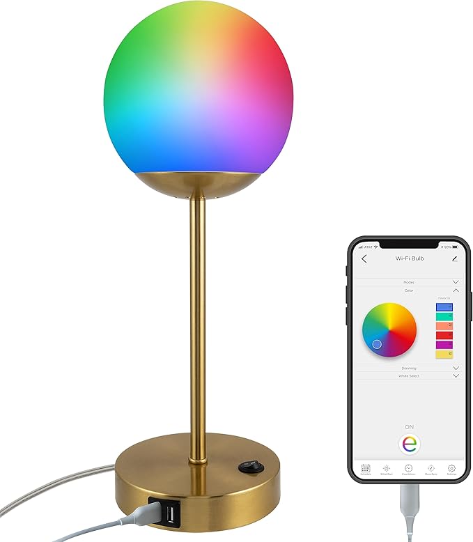Enbrighten Bedside Decor Lamp Tabletop Wi-FI Dimmable Color Changing Music-Sync 2-Port USB-charging Station 2.4A Dorm Bedroom Home Office Living Room Compatible with Alexa 62433 Brass - LeafyLoom