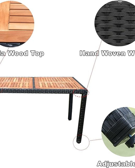 7-Piece Outdoor Dining Table Set with Acacia Wood TableTop and 6 Chairs, Rattan Wicker Patio Furniture for Garden Backyard Poolside, Onesize, Black - LeafyLoom