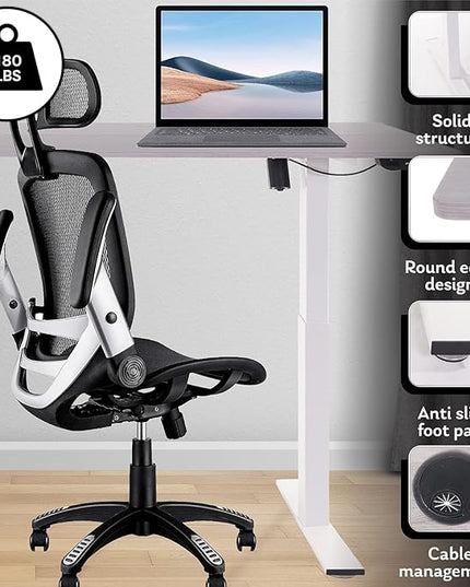 Electric Standing Desk - Adjustable Height Desk with Laptop Stand, Sit Stand Desk, Riser Table (48 inch x 24 inch), Smoothly and Quietly Adjust from 27 to 45 inches, White Frame, Gray Desktop - LeafyLoom