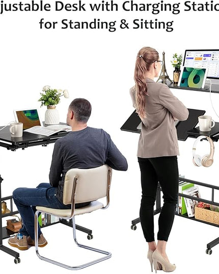 Hadulcet Stand Up Desk, Rolling Desk Adjustable Height, Mobile Standing Desk with Wheels & Charging Station, Portable Desk for Laptop, Rolling Computer Cart TV Tray, Small Standing Desk Drawing Desk - LeafyLoom