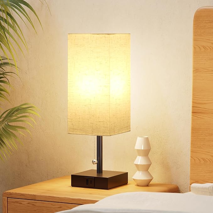 aooshine Bedside Lamps Set of 2 - Beige, USB A and USB C Charging, Pull Chain Control, Bulb NOT Included, Small - LeafyLoom