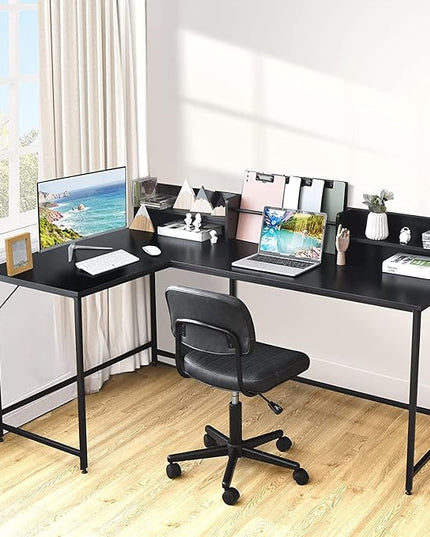 LUARANE 65.5 Inches L-Shaped Desk, Industrial Computer Desk with Hutch File Rack, Space Saving Corner Desk with Metal Frame, Computer Workstation for Home Office (Black) - LeafyLoom