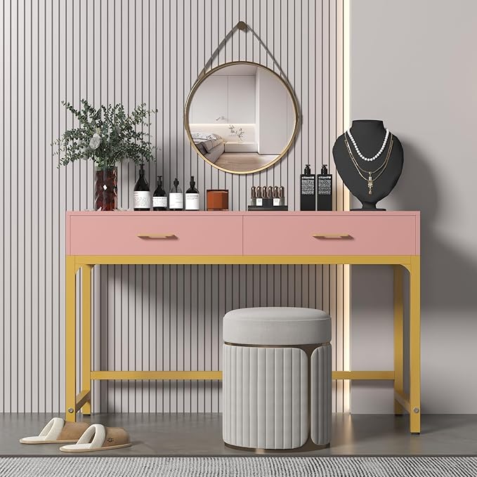 WESTREE Women Makeup Vanity Desk with 2 Drawers - Bedroom Home Office Desk, Wooden Height Monitor Stand & Storage Shelf without Mirror, Pink Table Great Gift for Her - LeafyLoom