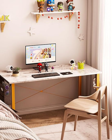 ODK Computer Desk Large Office Desk, 48 Inch Writing Desk with Storage, Modern PC Desk Work Table with Headphone Hook for Home Office, White Marble + Gold Leg - LeafyLoom