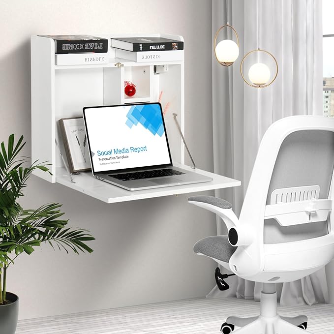 YUSING Wall Mounted Table, Multifunctional Fold Down Wall Mounted Laptop Computer Desk with Storage Compartments for Home, Office, White - LeafyLoom