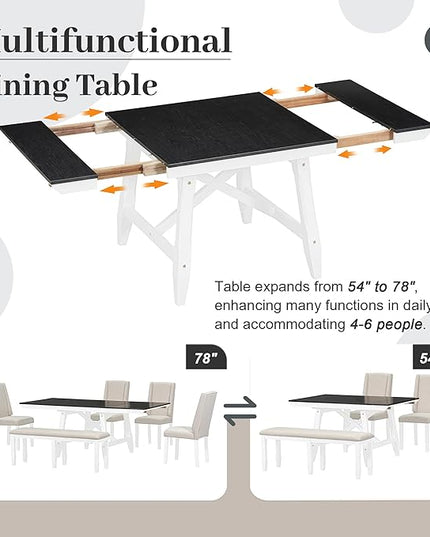 RITSU SONGG Farmhouse 6-Piece Dining Set, Included Solid Wood Rectangular Extendable Table with Two 12" W Removable Leaves and 4 Upholstered Chairs & a Bench, Home Kitchen Furniture, White+Black - LeafyLoom