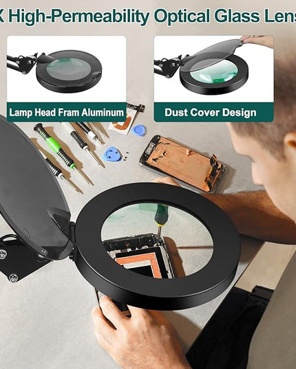 5X Magnifying Glass with Light and Stand, NAKOOS 3-in-1 Magnifying Lamp with Light, 3 Lightings Dimmable Magnifier with Anti-dust Cover and Timer, Soldering Magnifying Glass for DIY Close Work - LeafyLoom