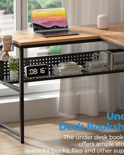 GreenForest 69 inch L Shaped Computer Desk with Drawers and Printer Stand, Gaming Desk with Power Outlet, Monitor Shelf, Storage Shelves and Hooks for Home Office Working, Writing, Studying, Walnut - LeafyLoom