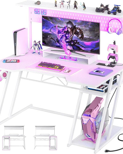 Gaming Computer Desk with Storage Shelves & Z-Shaped Legs, White Gaming Desk with Hutch and LED Lights, Reversible PC Gaming Desk with Pegboard for Bedroom & Small Spaces, Carbon Fiber Surface, 47'' - LeafyLoom