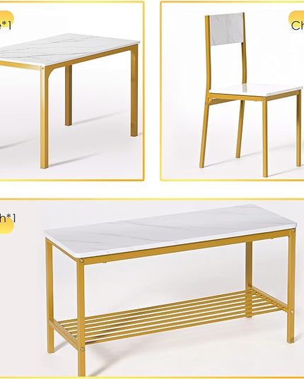 DlandHome Dining Table with 2 Chairs and 1 Bench Dining Room Sets Dining Table and Chairs Set,Rectangular Space-Saving Dinner Table with Two Benches for Kitchen,Golden - LeafyLoom