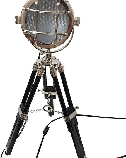collectiblesBuy Vintage Mini Studio Spotlight Nautical Tripod Standing Desk Lamp with Adjustable Black Wooden Stand - LeafyLoom