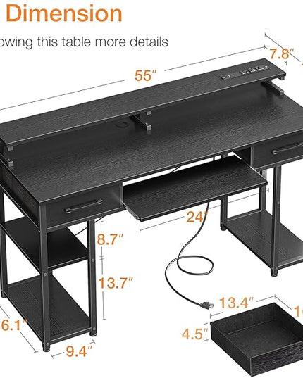 ODK Computer Desk with Drawers & Power Outlet, 55 Inch Office Desk with Keyboard Tray & Storage Shelves & PC Stand, Office Table Work Desk with Monitor Stand, Black - LeafyLoom