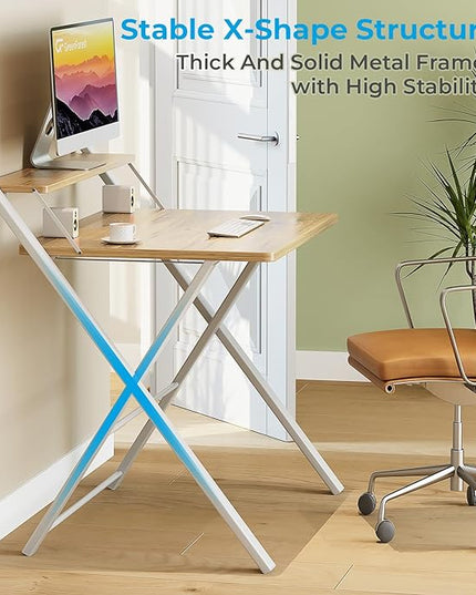 GreenForest Folding Desk No Assembly Required Small Size, 2-Tier Foldable Computer Desk with Shelf for Home Office, Space Saving Portable Laptop Study Foldable Table for Small Spaces, Oak - LeafyLoom