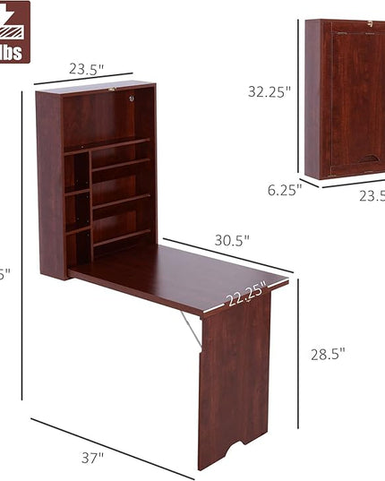HOMCOM Compact Fold Out Wall Mounted Convertible Desk with Storage, Mahogany - LeafyLoom