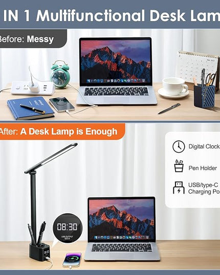 Desk Lamp for College Dorm Room,55 Lighting Modes Dorm Lamp for Dorm Desk Lamp,700 Lumen LED Desk Lamp with USB Charging Port,Desk Light with Clock+Pen Holder,Desk Lamps for Home Office Lamp for Desk - LeafyLoom