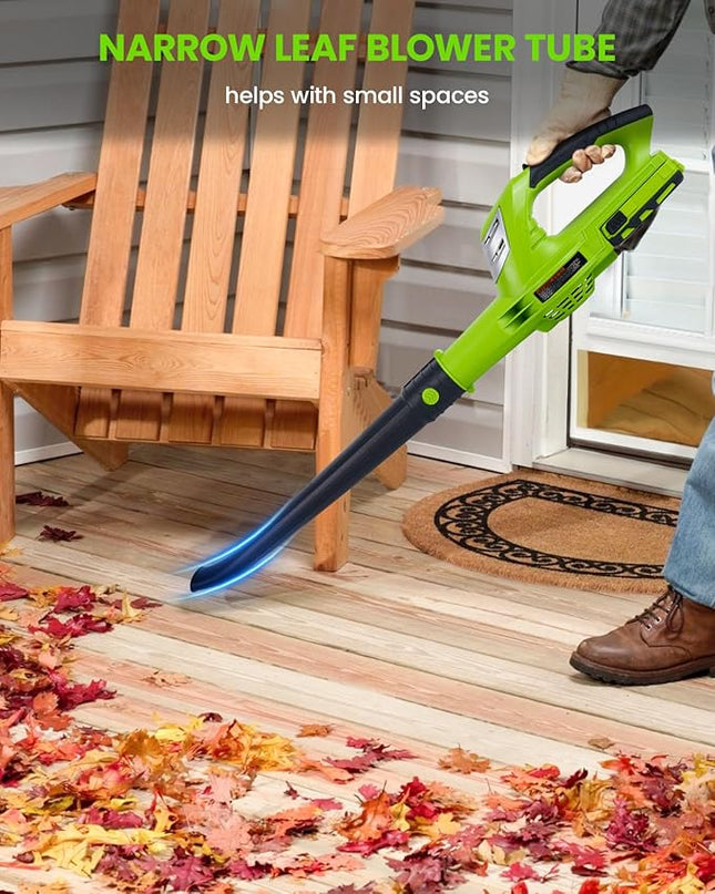 HARDELL Leaf Blower, 18V Small Leaf Blower Cordless with 2.0Ah Battery & Fast Charger, Lightweight Electric Leaf Blower for Lawn Care, Patio, Blowing Leaves, Green - LeafyLoom