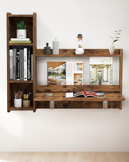 Pmnianhua Farmhouse Floating Desk,41''Wall Mounted Desk,L Shaped Folding Table,Fold Down Laptop Computer Desk with Storage for Wall Bedroom Small Space (Rustic Brown-Left) - LeafyLoom