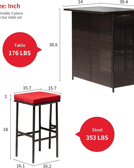 FDW Outdoor Furniture Set Wicker Bistro Set 3PCS Patio Bar Set with Two Stools for Patio Backyard Balcony,Red Cushion - LeafyLoom
