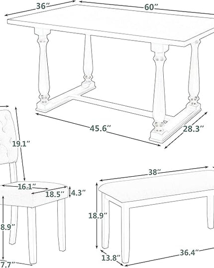 6-Piece Dining Table and 4 Chairs and Bench Set Foam-covered Seat Backs&Cushions for Kitchen Living Room, Gary, 60" L x 36" W x 30" H, Gray(Special-shaped Legs) - LeafyLoom